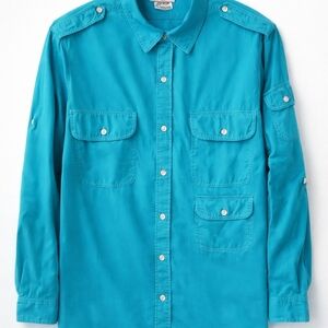 Vintage 1980s Banana Republic Safari Shirt Teal Cotton Utility Shirt Size L